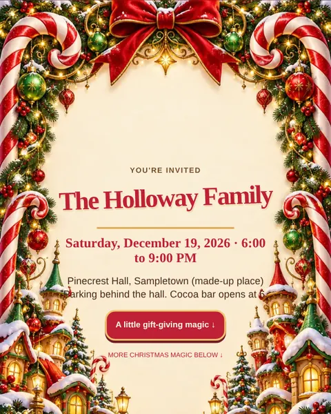 Candy Cane Village sample invite: a cream card framed by candy canes, ornaments and a snowy village