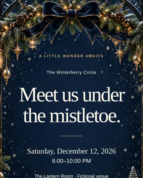 Midnight Snow Globe sample invite: a midnight-blue page with a navy bow, evergreens and golden lights