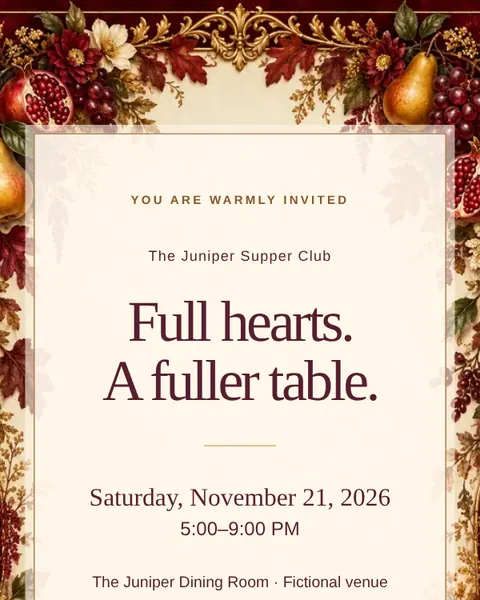 Cranberry & Candlelight sample invite: a cream card framed by cranberries, pears and autumn leaves